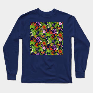 Navy Blue Tropical Flora Long Sleeve T-Shirt